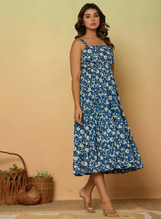 KASYA Blue Cotton Printed Midi Dress - Image 3